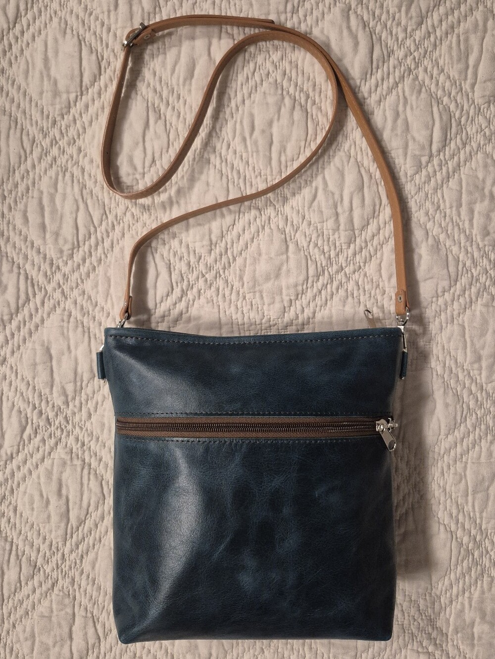 Genuine Leather Teal Blue Crossbody Bag Cognac Strap